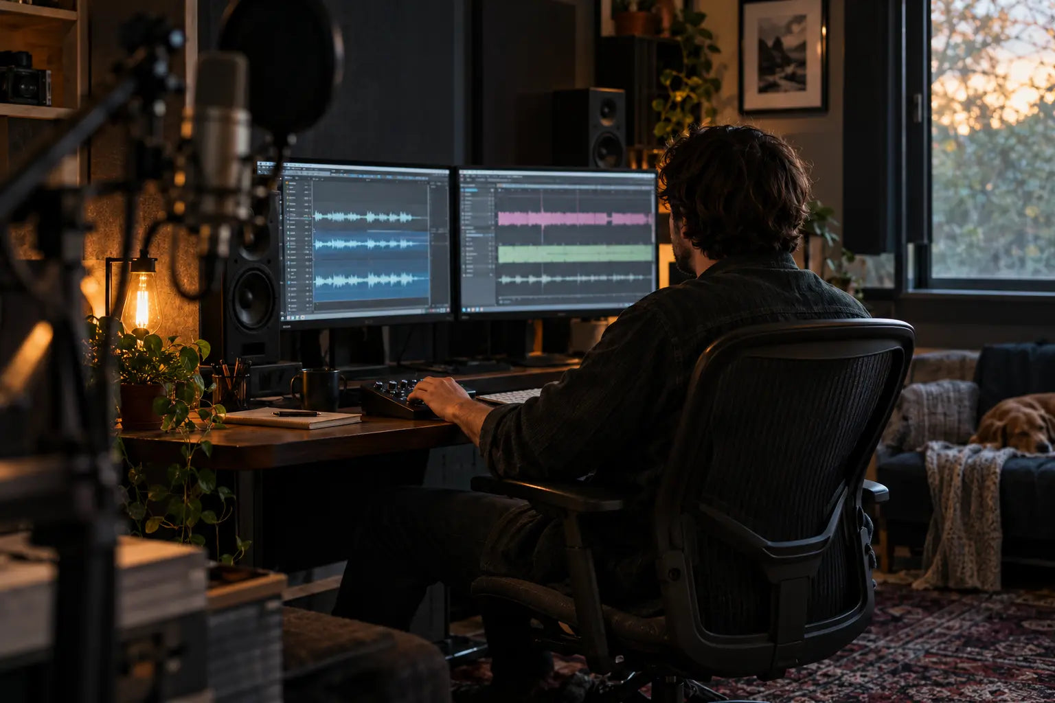 Audio editor working with multiple dialogue tracks in a remote post-production studio