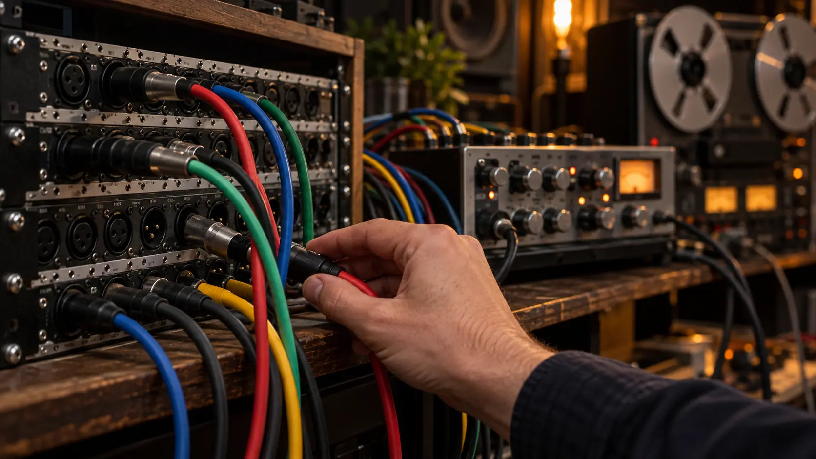 Hand connecting audio cables through a studio signal chain