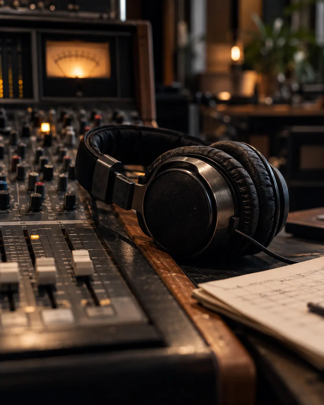 Professional studio headphones resting on a mixing console