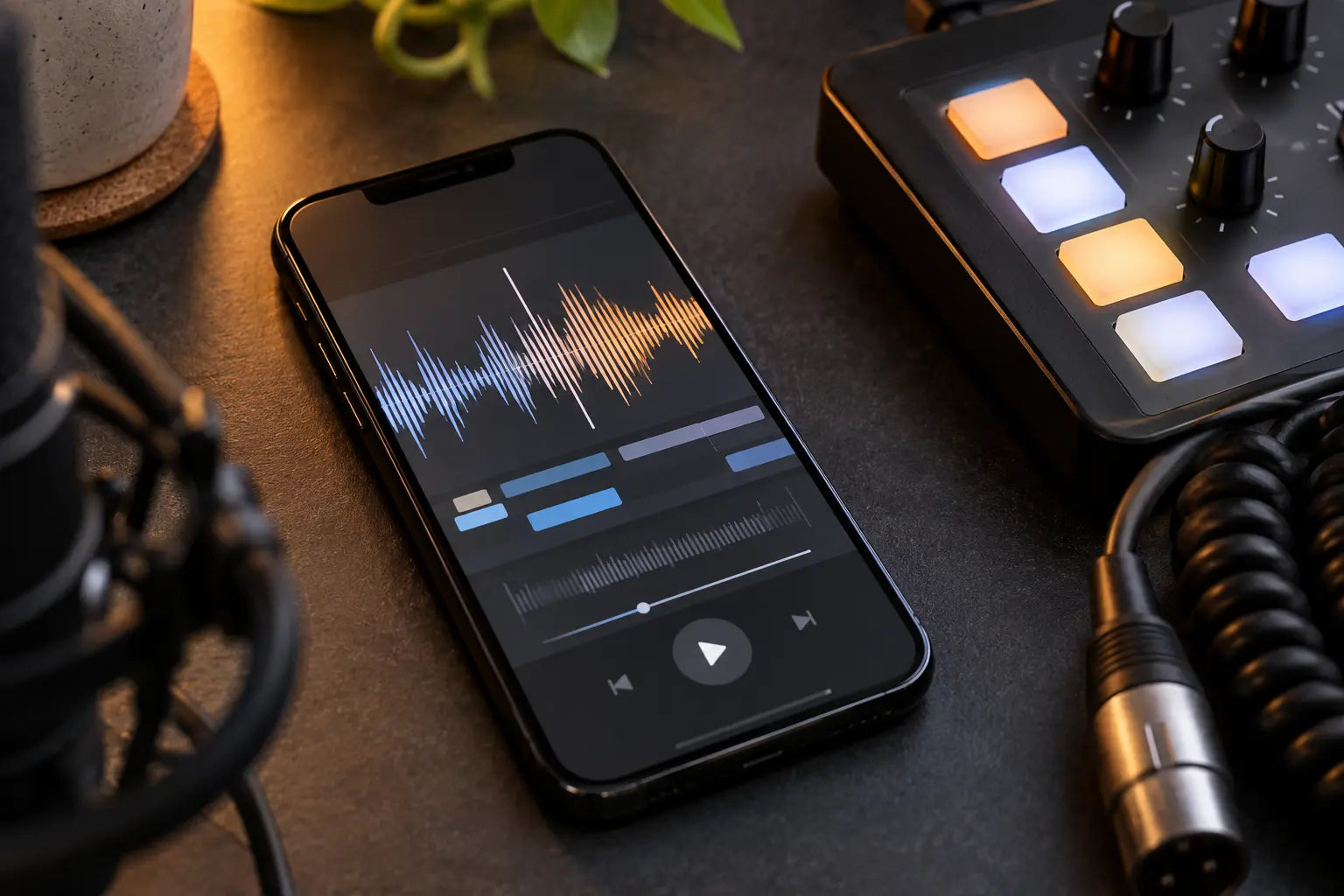 Phone displaying an audio waveform beside a compact controller