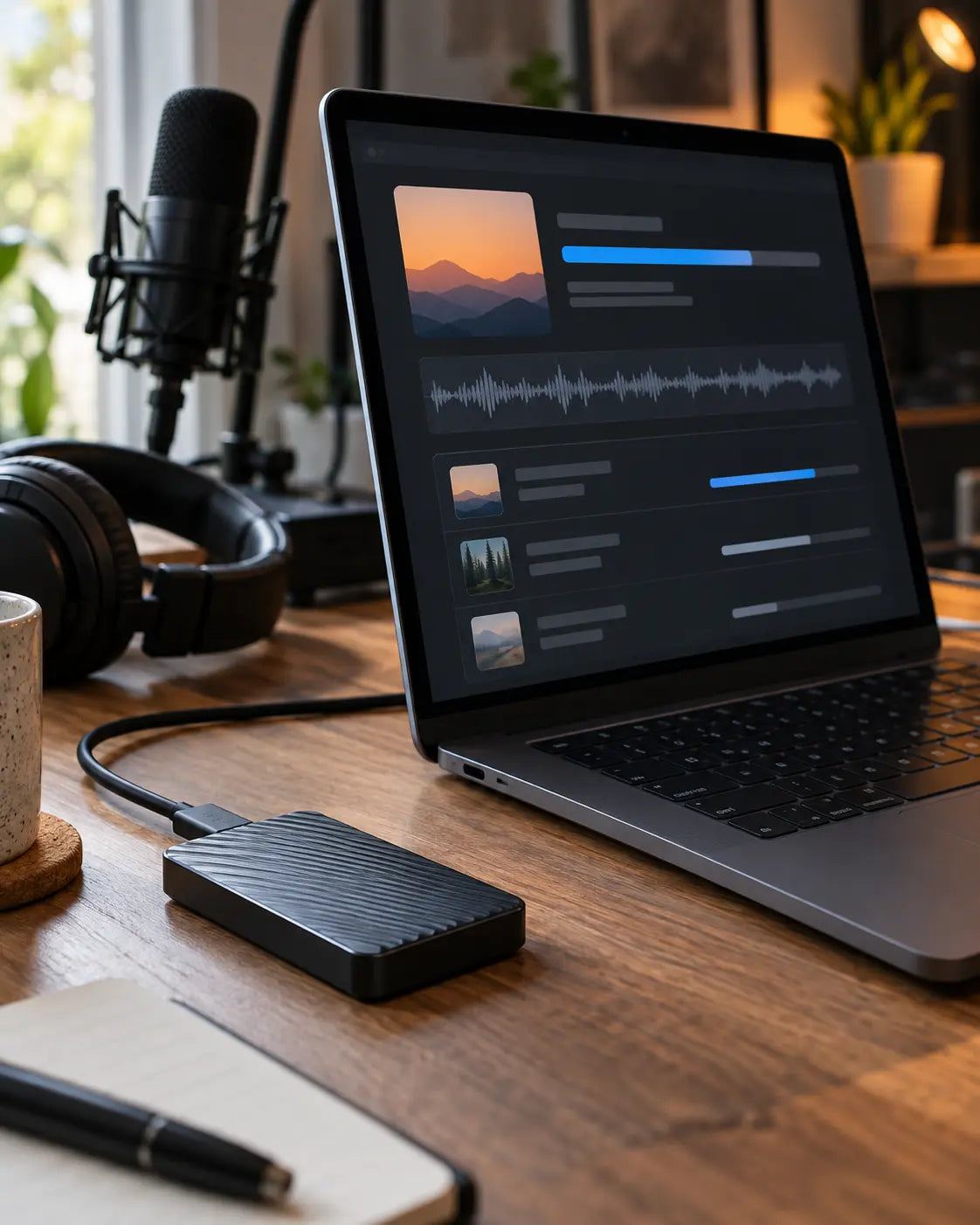 Episode upload workspace with laptop and external drive