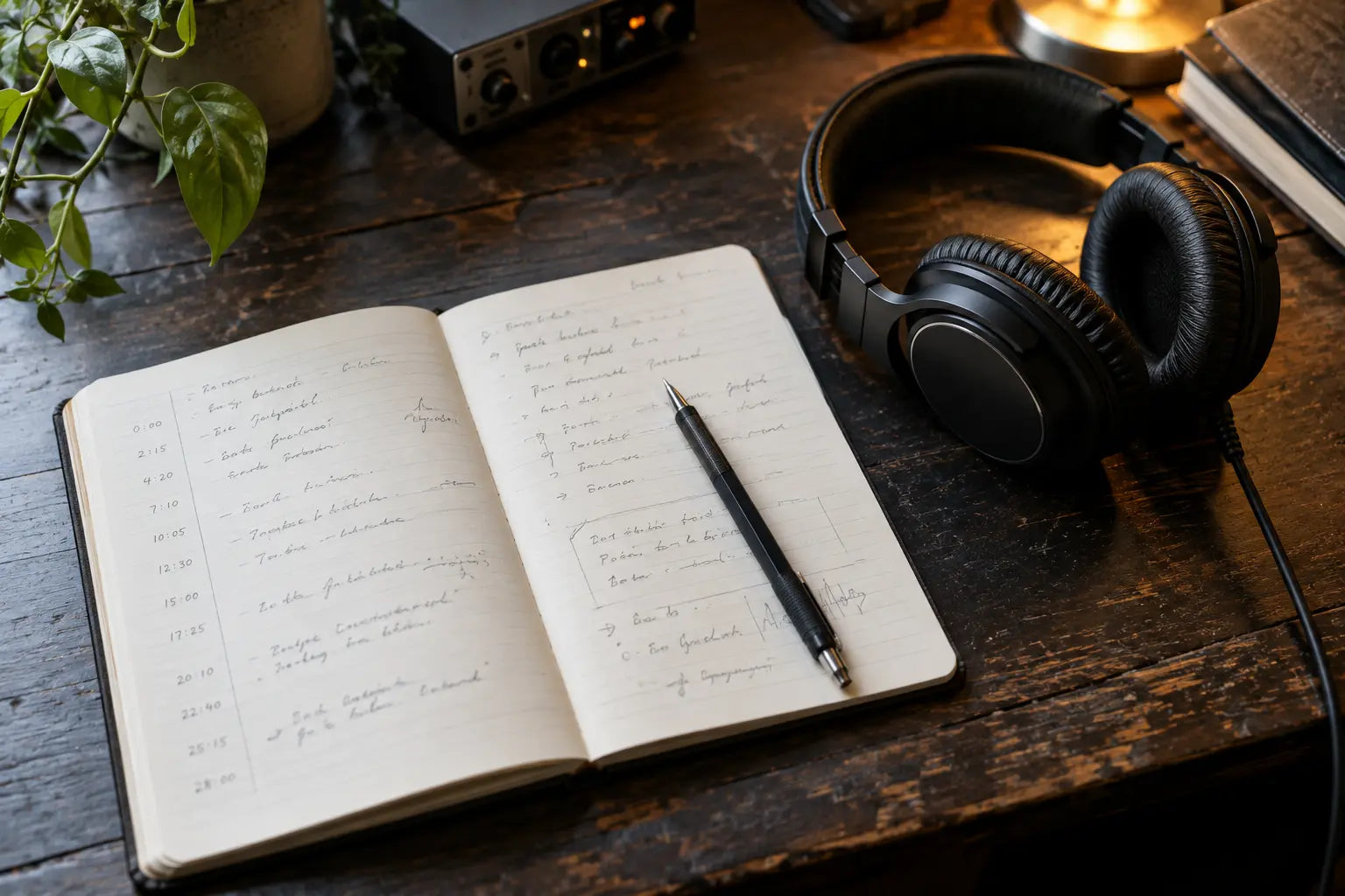 Session notebook beside professional studio headphones