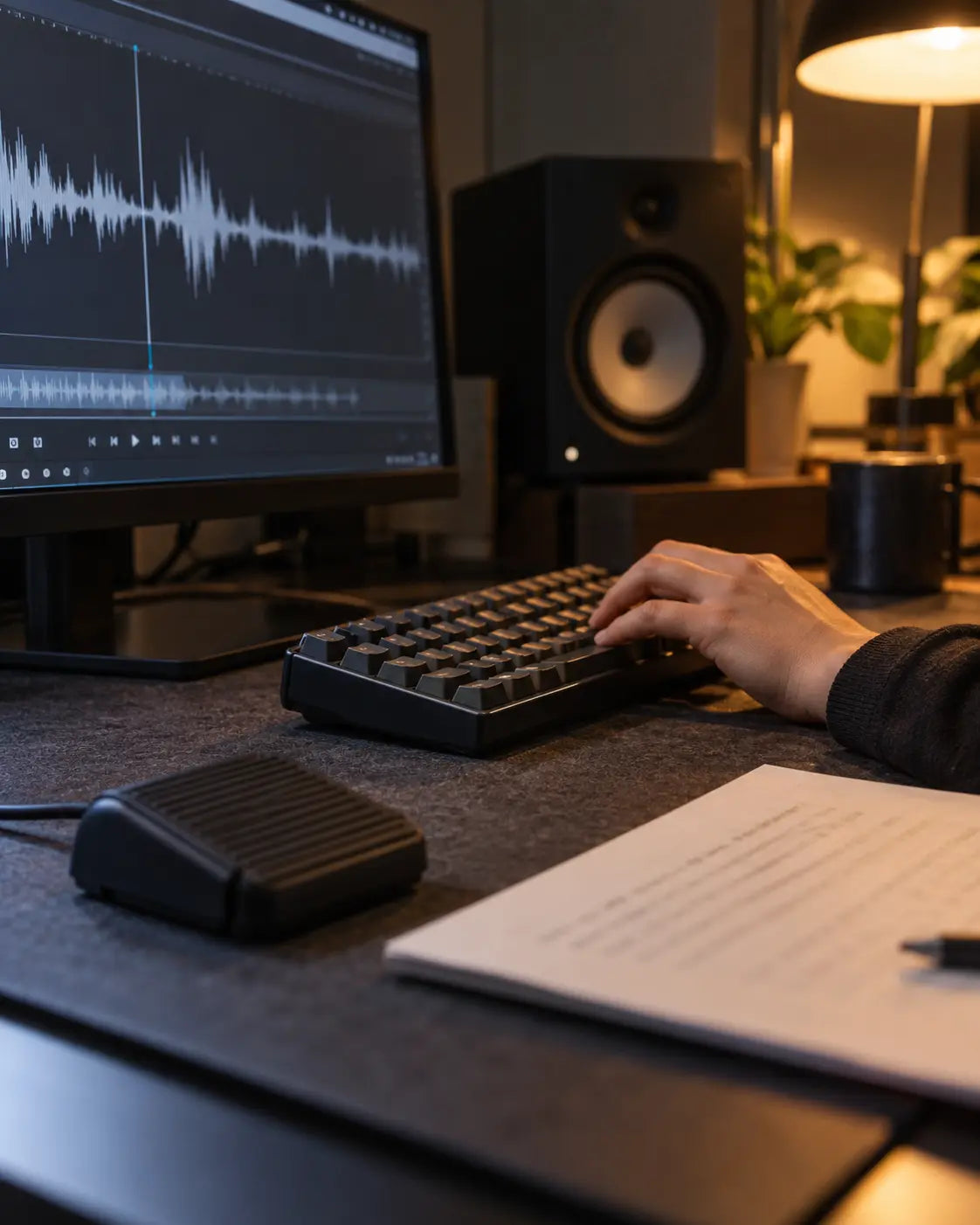 Transcription keyboard and audio monitoring workspace